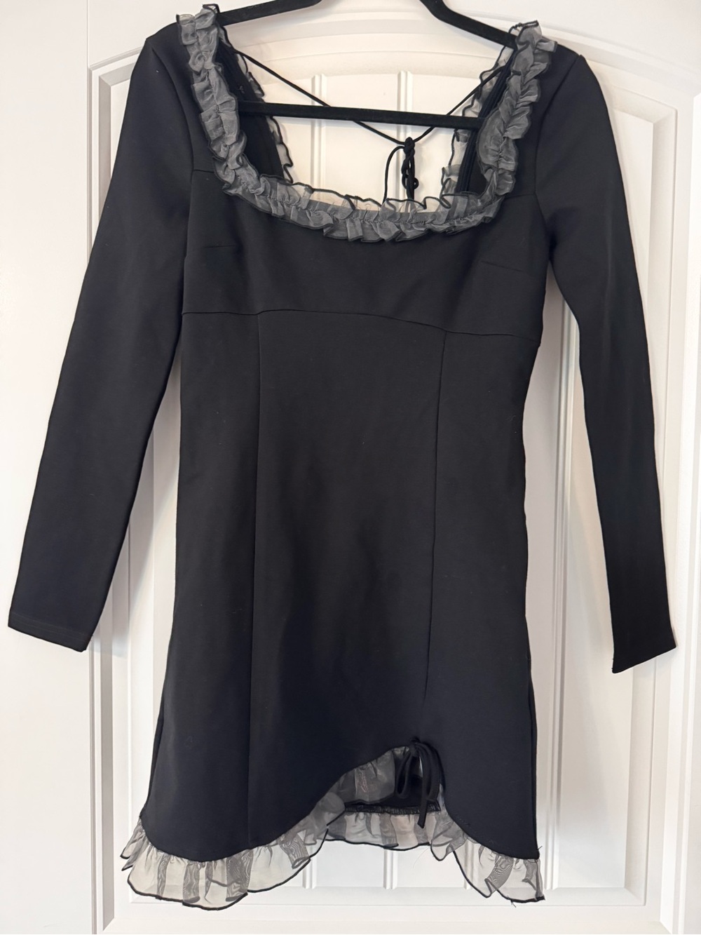 Free People Lucette Mini Dress Smoked Black Combo Ruffle Long Sleeve Y2K